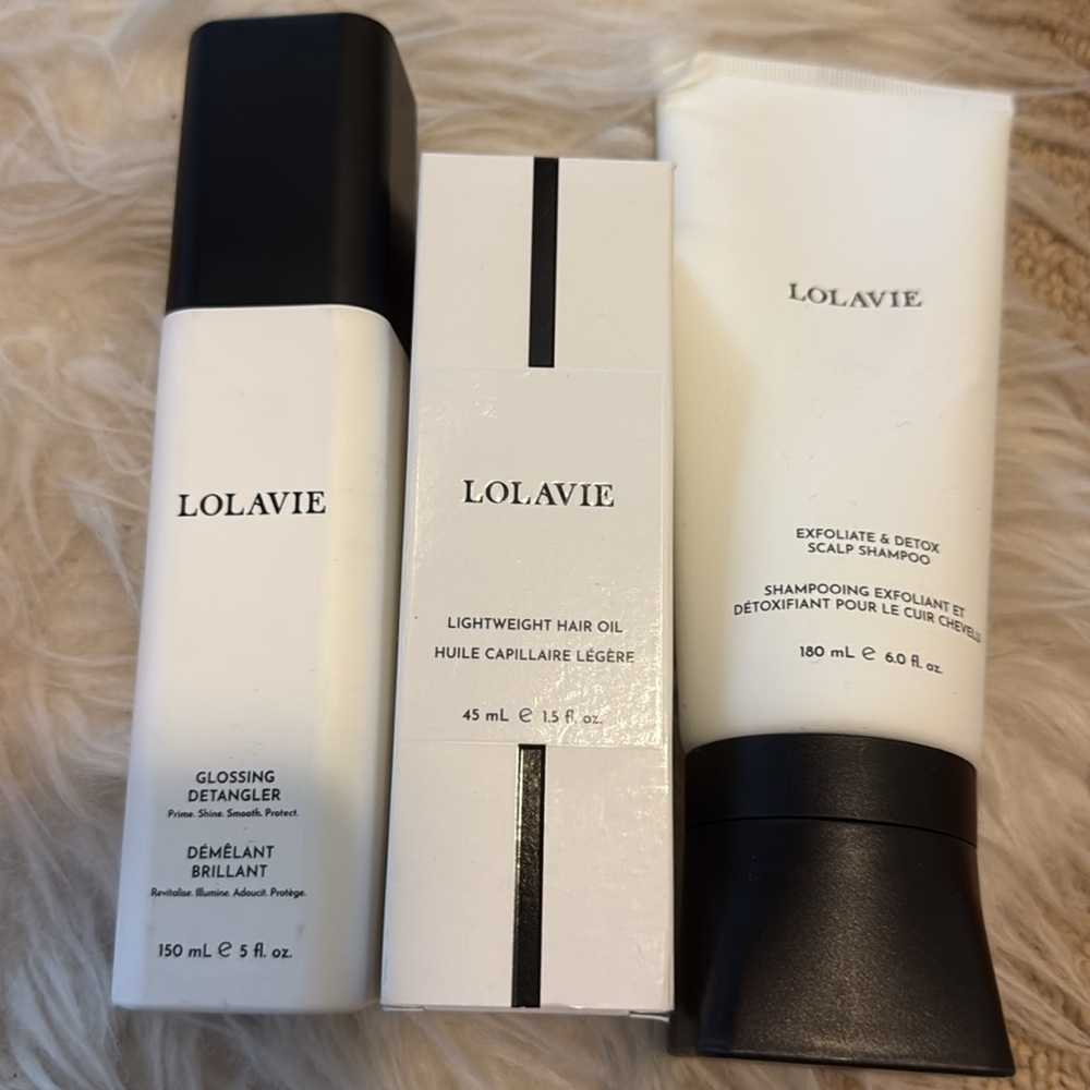 New lolavie set: glossing detangler, detox shampoo, hair oil $120 deal